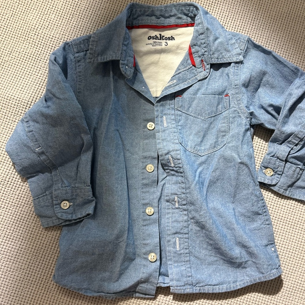 Oshkosh Dress Shirt Size 3 Light Blue Button Up red detail long sleeve